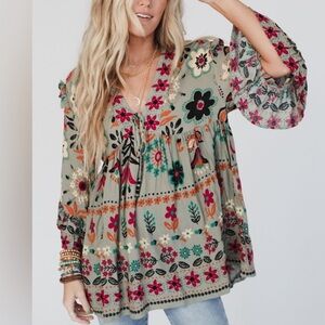 Three Bird Nest Sage Leona Sage Boho Tunic Multicolor Floral